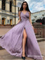 A-Line Spaghetti Straps Sleeveless Purple Floor Length Prom Dresses, TYP1868