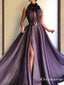 Purple Long A-line Split Cheap Prom Dresses With Flowers, TYP1750