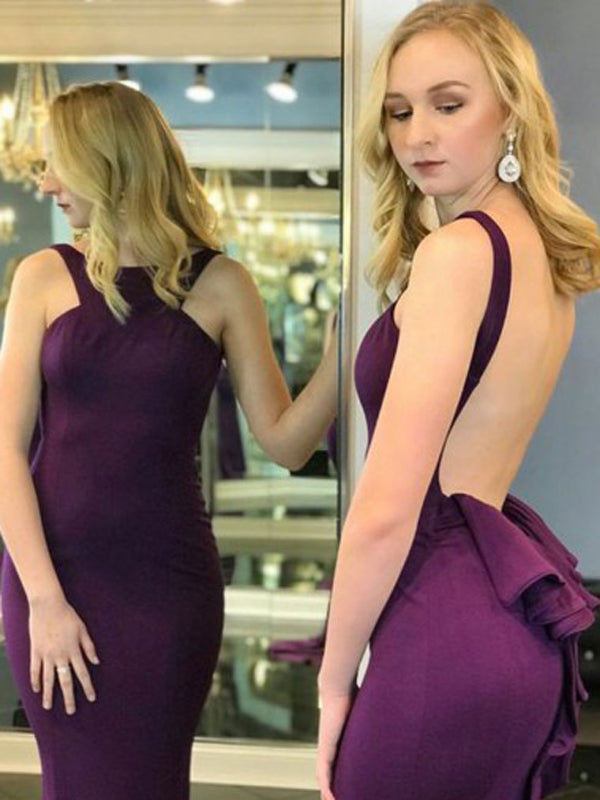 Mermaid Crew Long Cheap Grape Jersey Backless Sleeveless Prom Dresses with Ruffles, TYP1356