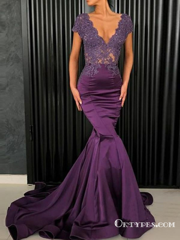 Mermaid V-Neck Cap Sleeves Purple Long Prom Dresses with Lace, TYP1639