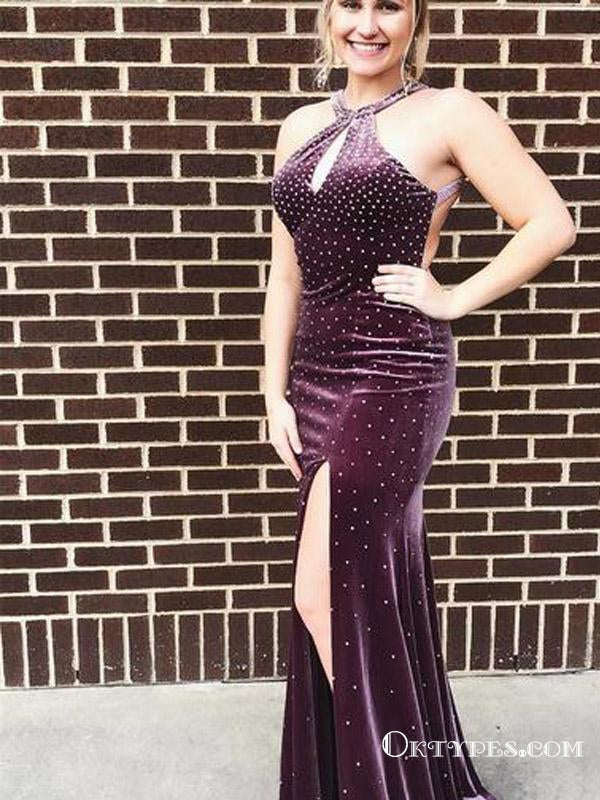 Sexy Mermaid Long Cheap Velvet Evening Prom Dresses With Beaded, TYP1717