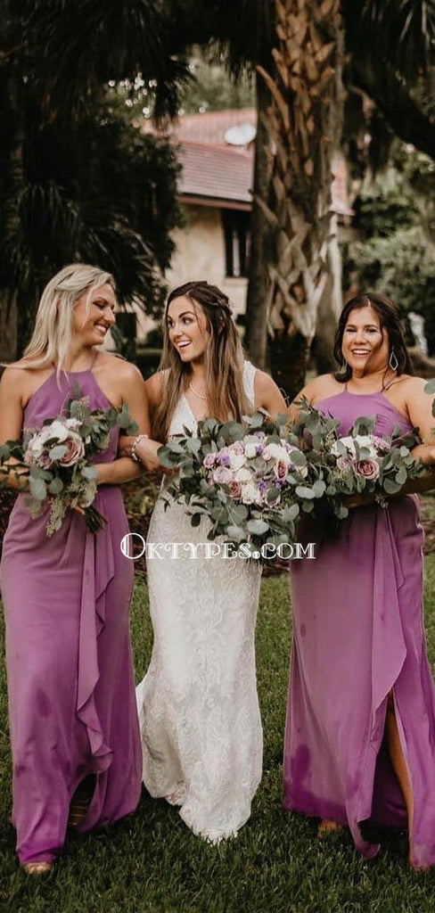 Purple Halter Starp Side Slit Chiffon Long Cheap Bridesmaid Dresses, BDS0098