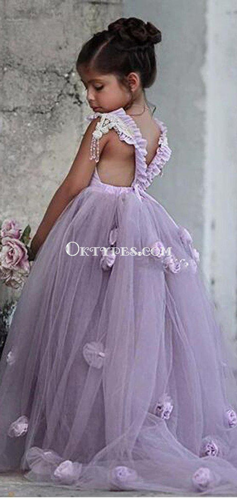 Cute Square Neckline Purple Tulle Hand-Made-Flowers Ball Gown Long Cheap Flower Girl Dresses, FGS0019