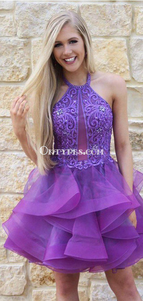 Purple Halter Organza Beaded A-line Cheap Short Homecoming Dresses, HDS0029