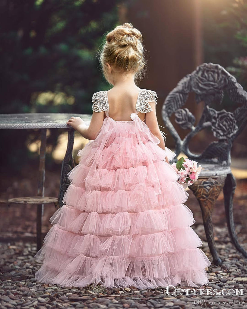 Pink Layers Tulle  2019 Lace Princess Long Ball Gown Flower Girls Dresses, TYP1953