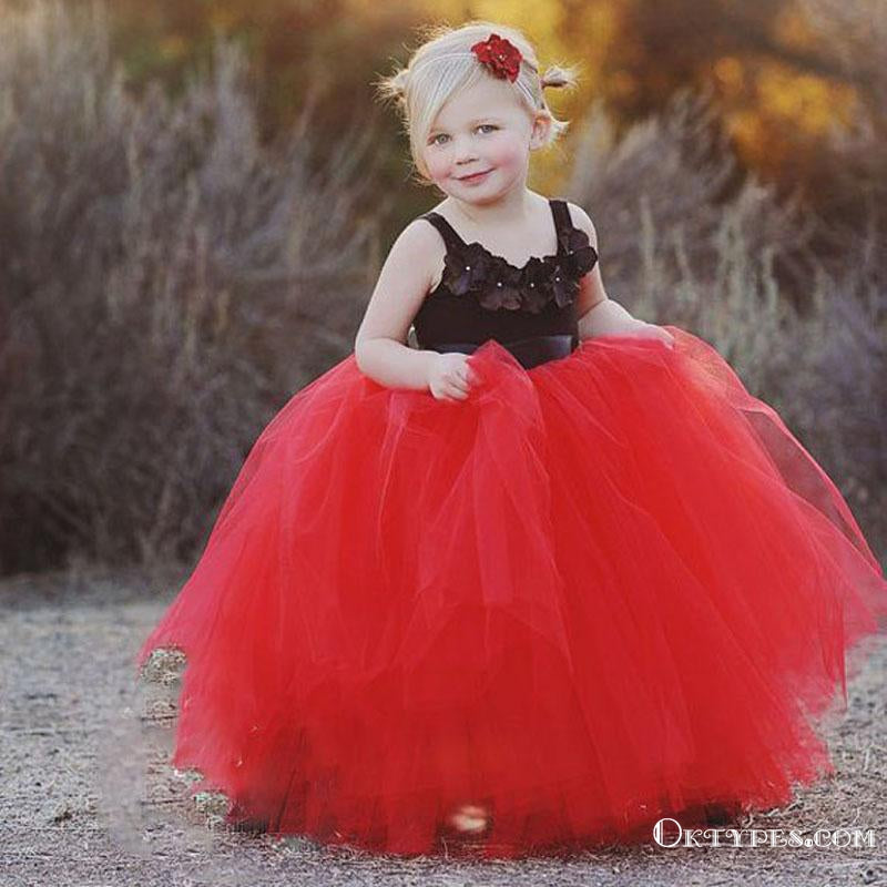 Lovely Black and Red Tulle Long Ball Gown Princess  Flower Girl Dresses, TYP1956