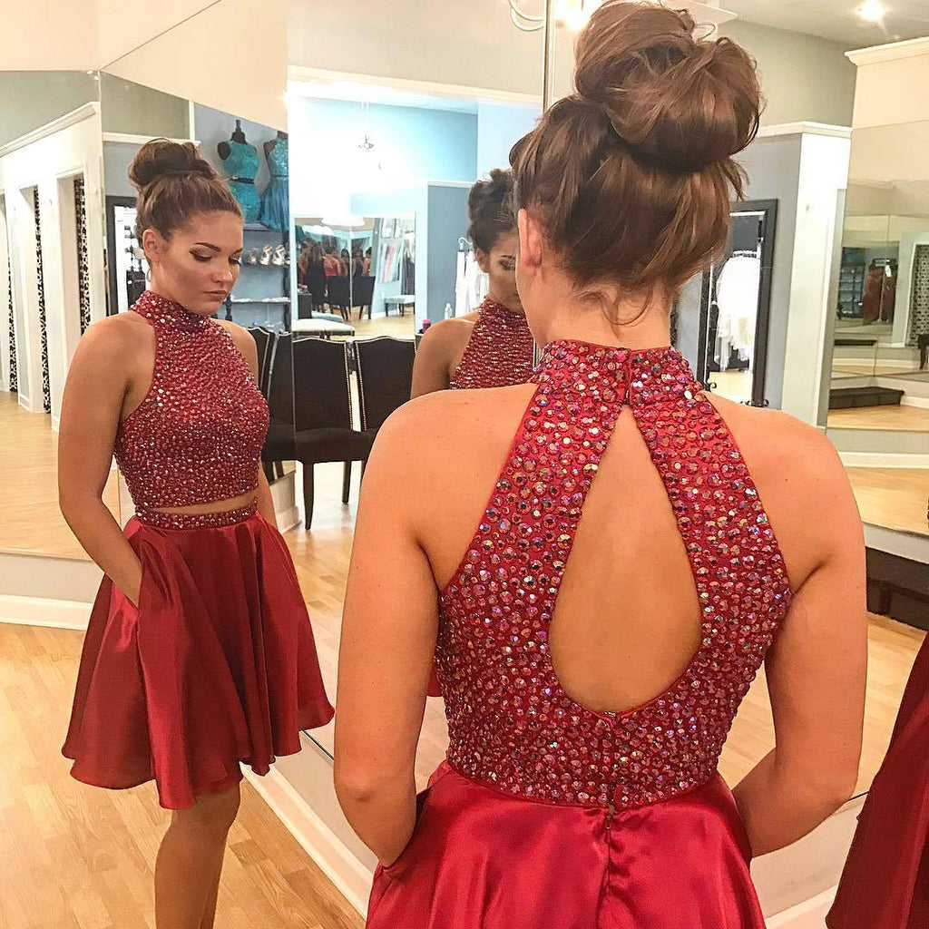 Sexy Two Piece Short Rhinestone Cute Red Homecoming Dresses 2018, CM484