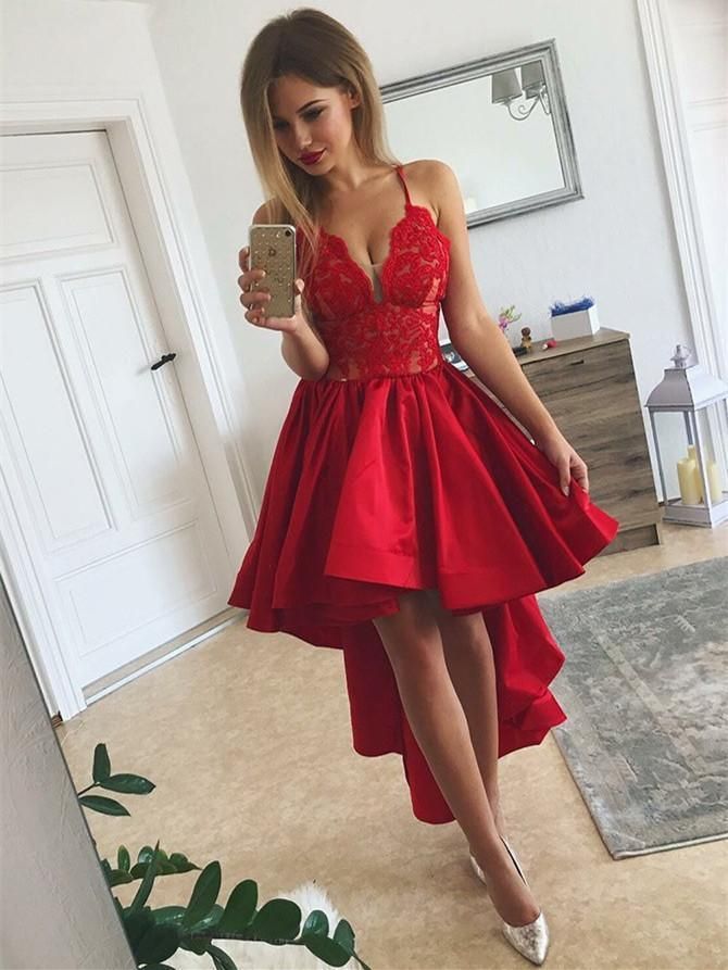 Sexy Spaghetti Straps Asymmetric Red Satin Homecoming Dresses with Lace, TYP1083