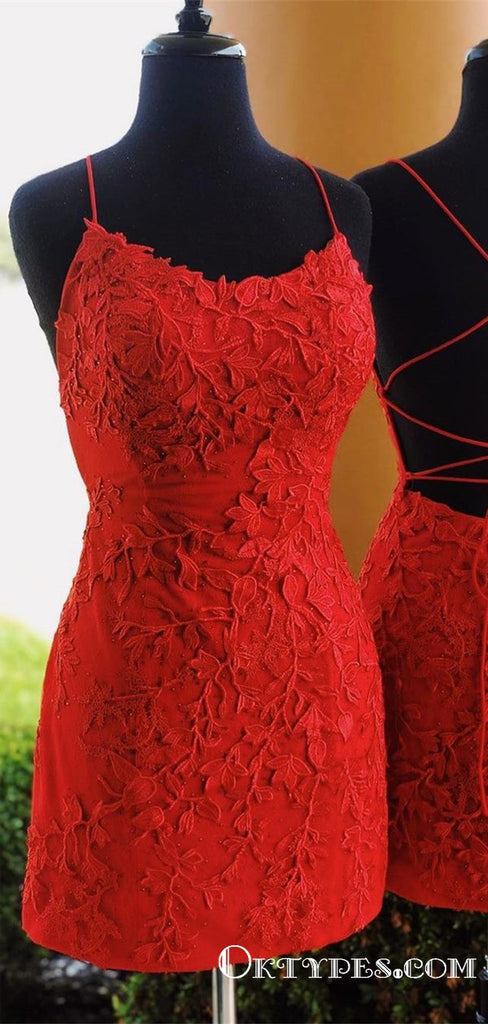 Red Halter Spaghetti Strap Cross- Back Lace Short Homecoming Dresses, TYP2014