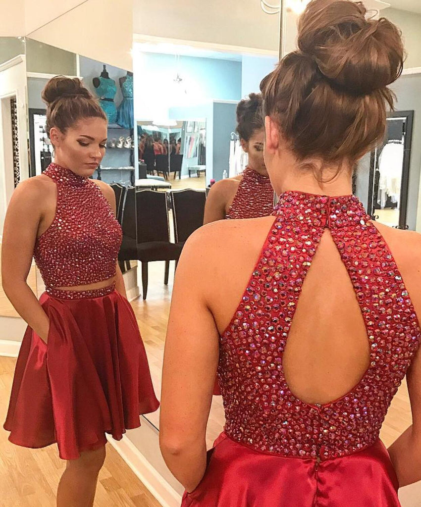 Sexy Two Piece Short Rhinestone Cute Red Homecoming Dresses 2018, CM484