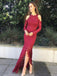 Mermaid Round Neck Split Front Long Sleeves Burgundy Lace Prom Dresses, TYP1266