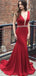 Mermaid Deep V-Neck Long Cheap Red Jersey Backless Beaded Prom Dresses, TYP1358