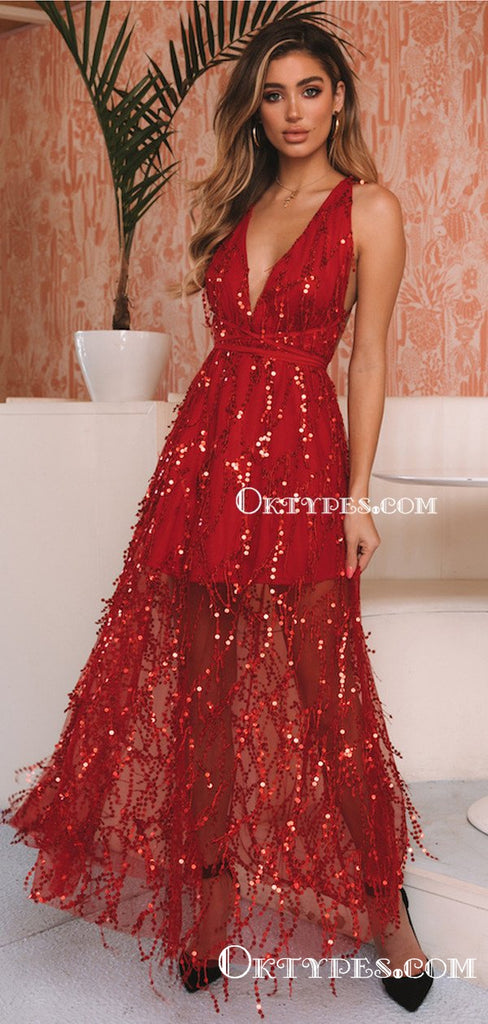 Sexy V-neck Sleeveless Red Tulle Charming A-line Long Cheap Eveving Prom Dresses With Sequin, PDS0001