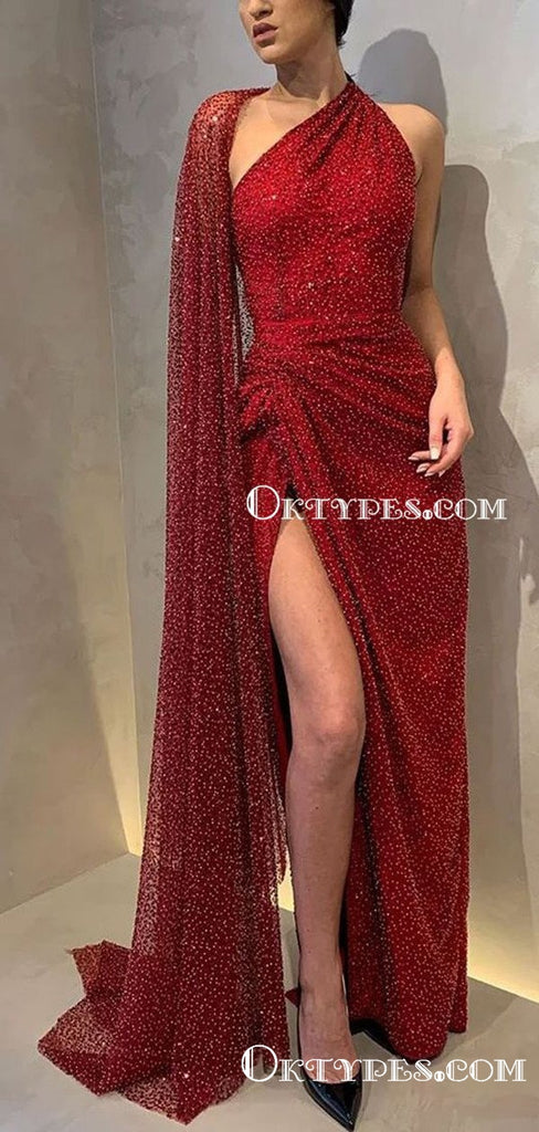 Hot Selling New Arrival Sparkly Red Sequin High Side Slit Long Cheap A-line Evening Prom Dresses, TYP2107