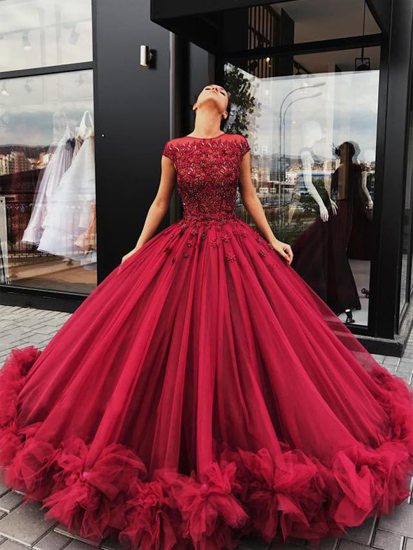 Red Scoop Cap Sleeve Ball Gown Tulle Prom Dresses with Beaded, TYP1433