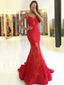 Mermaid Spaghetti Straps Sweep Train Red Tulle Prom Dresses with Lace&Beading, TYP1258