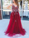 Spaghetti Straps Beading Tulle Burgundy Long Cheap Prom Dresses, TYP1896