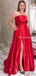 Charming Simple Red Satin Strapless Sleeveless A-line Long Cheap Side Slit Prom Dresses With Pockets, PDS0036