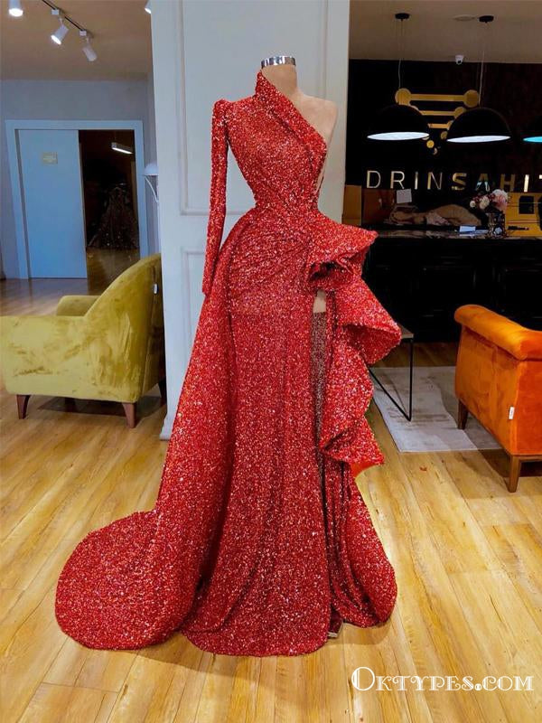 New Arrival Sparkly Sexy A-line Red One Shoulder Long Sleeve High Slit Long Cheap Sequin Prom Dresses, TYP2060