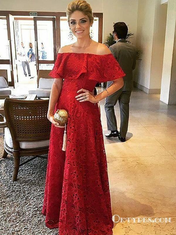 A-Line Off-the-Shoulder Red Lace Evening Prom Dresses with Ruffles, TYP1791