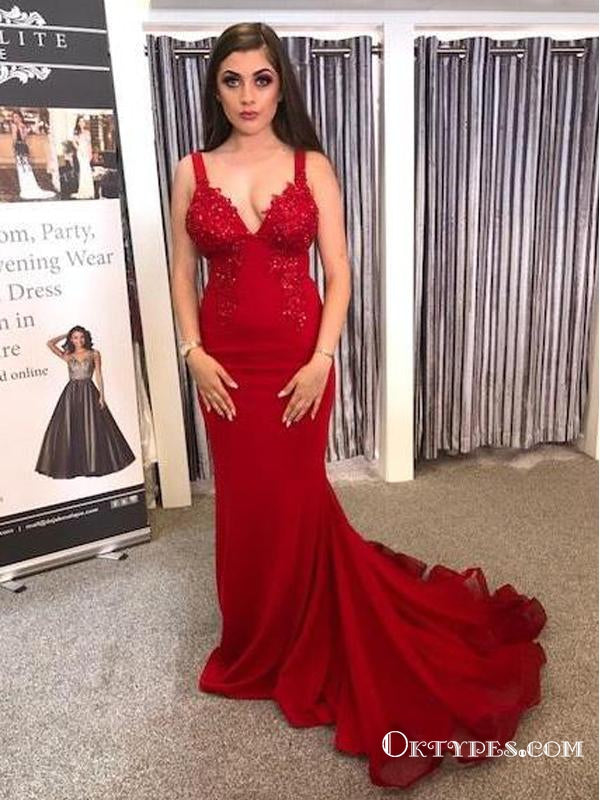 Gorgeous Mermaid V Neck Straps Dark Red Lace Long Prom Dresses, TYP1726