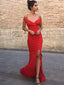 Sheath Off-the-Shoulder Long Cheap Red Prom Party Dresses with Split, TYP1279