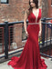 Mermaid Deep V-Neck Long Cheap Red Jersey Backless Beaded Prom Dresses, TYP1358