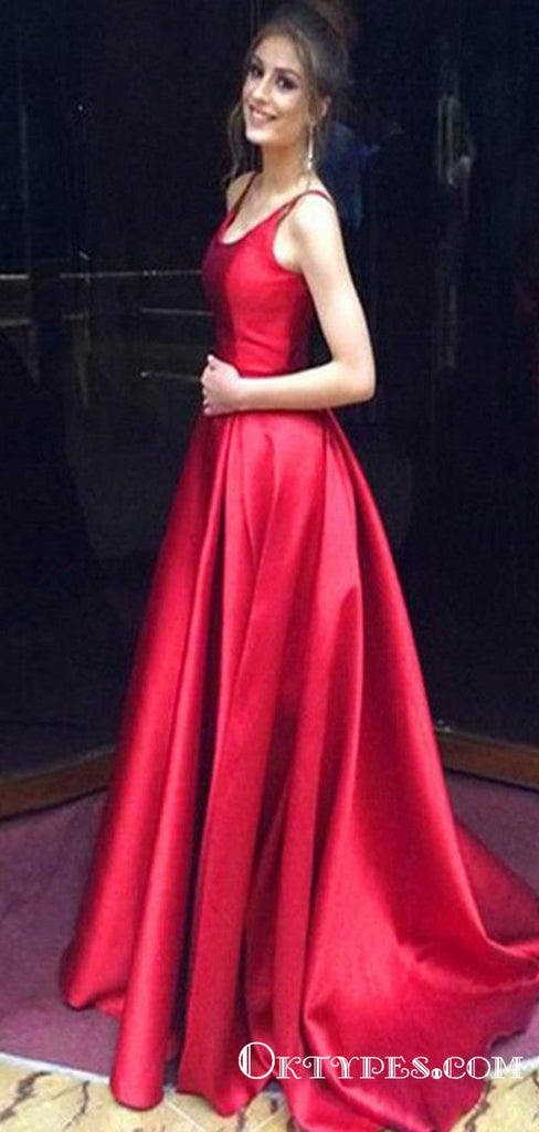 A-Line Round Neck Long Cheap Red Satin Prom Dresses, TYP1388