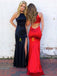 Mermaid Round Neck Open Back Long Cheap Navy Blue Prom Dresses, TYP1271