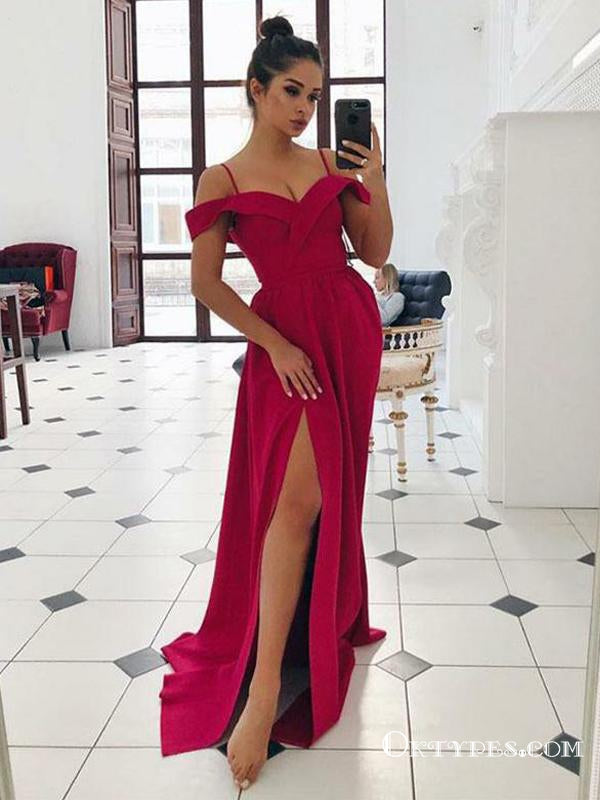 Sexy Off The Shoulder Red Long Prom Dresses With Side Slit, TYP1764