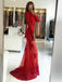 Mermaid Round Neck Open Back Sweep Train Red Tulle Prom Dresses with Pearls&Lace, TYP1257