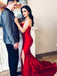 Mermaid Strapless Long Cheap Red Satin Sleeveless Split Pleats Prom Dresses, TYP1354