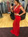 Two Piece V-Neck Open Back Red Jersey Prom Dress with Beading, TYP1338