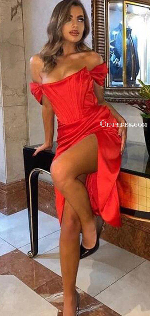 Summer Red Off Shoulder Sexy Dress Women High Split Short Homecoming Dresses, HDS0002