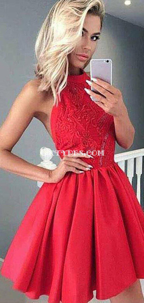 Charming Halter Red Satin A-line Cheap Short Homecoming Dresses, HDS0022