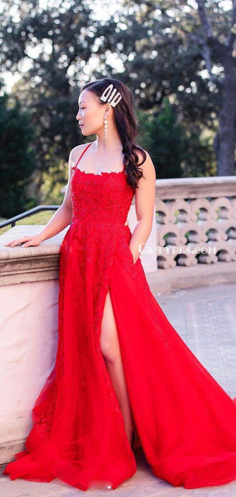 Charming Red Spaghetti Strap Lace Tulle Backless Side Slit A-line Long Cheap Prom Dresses, PDS0082