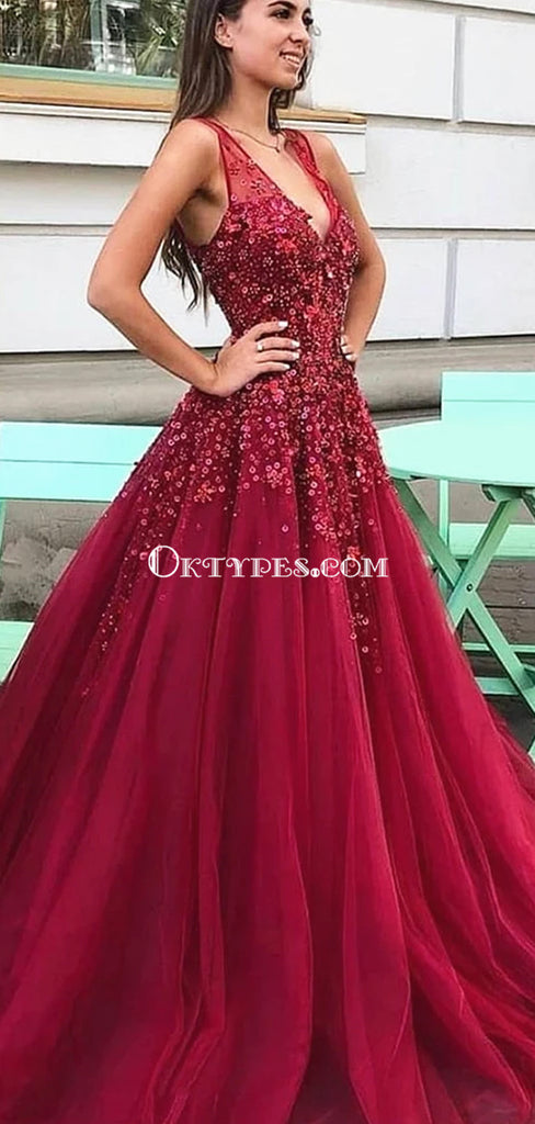 Dark Red V Neck A-line Tulle Long Evening Prom Dresses, Evening Party Prom Dresses, PDS0101