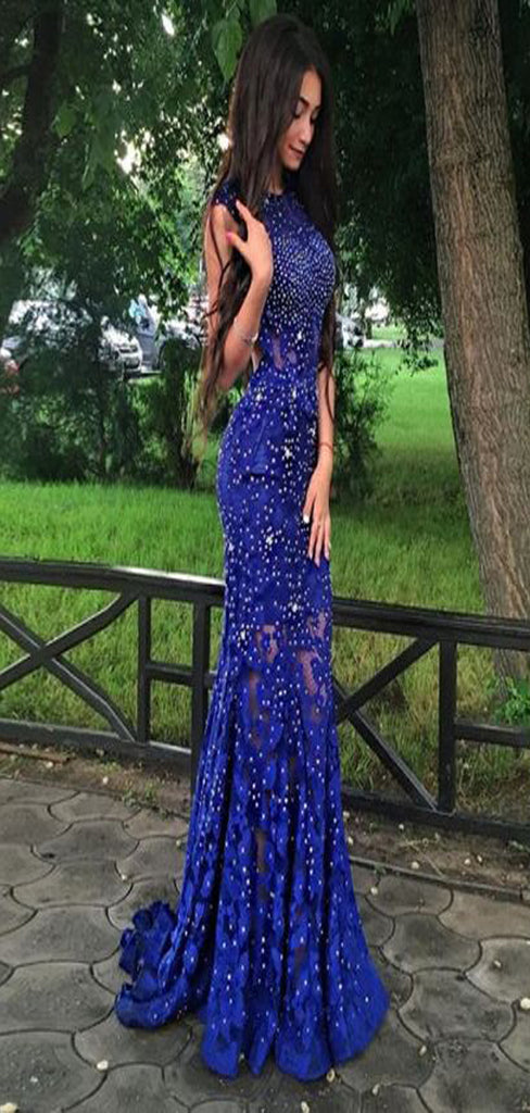 Royal Blue Lace Prom Dresses, Long Prom Dresses, Lace Formal Dresses,Open-back Beading Evening Dresses, TYP0056