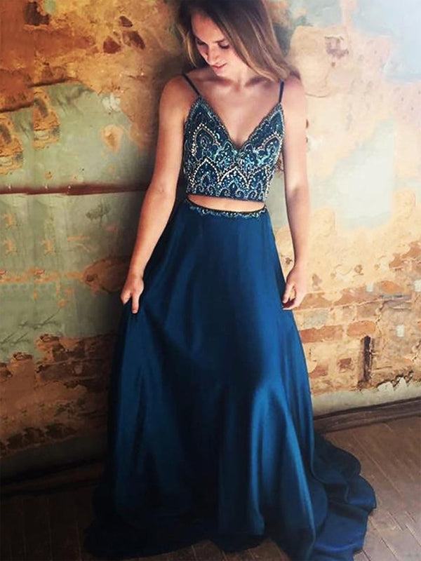 Two Piece Spaghetti Straps Blue Satin Prom Dresses with Beading, TYP1289