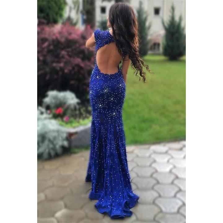 Royal Blue Lace Prom Dresses, Long Prom Dresses, Lace Formal Dresses,Open-back Beading Evening Dresses, TYP0056