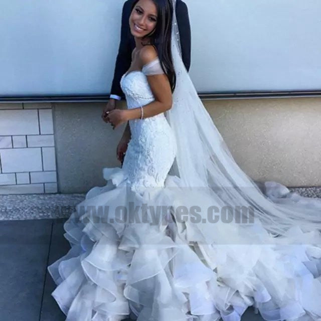 Lace Off-shoulder Sweetheart Long Mermaid Wedding Dresses With Ruffles, TYP0756