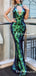 Sexy Halter Open Chest Sleeveless Sparkly Green Sequin Long Cheap Mermaid Evening Prom Dresses, TYP2102