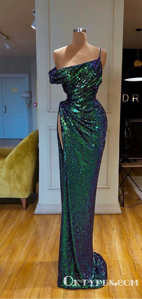 New Arrival Sparkly Sexy Off-The-Shoulder Long Sleeves High Slit Long Cheap Sequin Prom Dresses, TYP2054