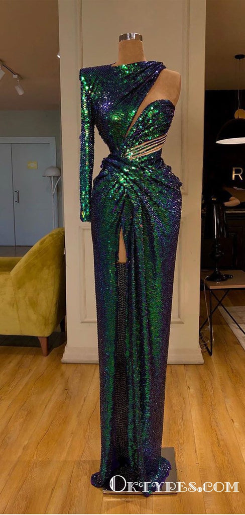 New Arrival Sparkly Sexy One Shoulder Long Sleeves High Slit Long Cheap Sequin Prom Dresses, TYP2052