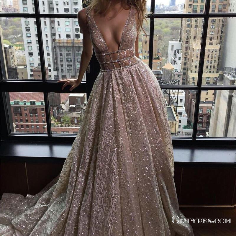 Sparkly Ball Gown V Neck Satin Champagne Sequins Long Prom Dresses, TYP1761