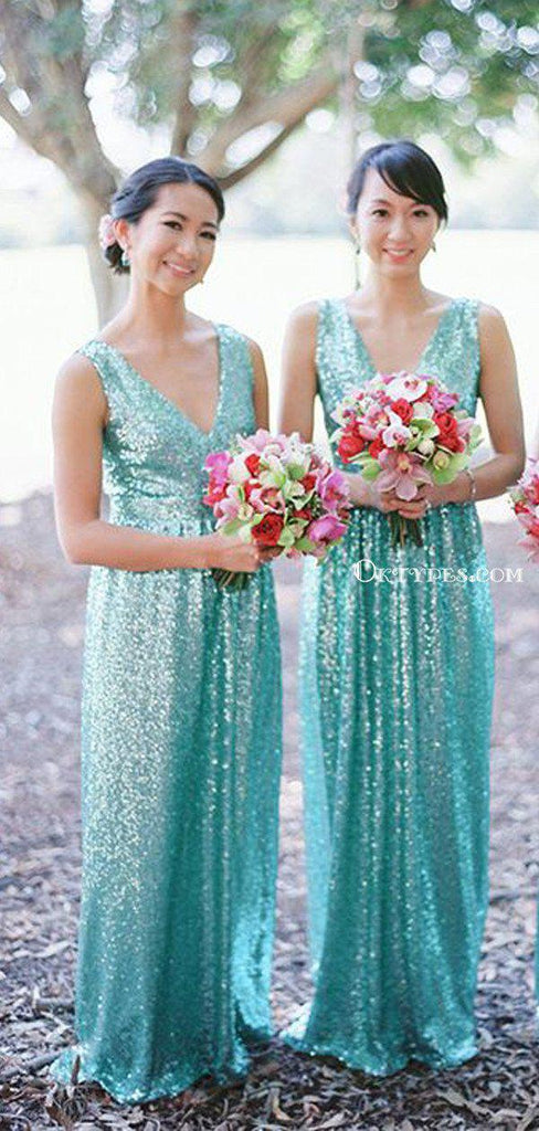 Sparkly V-neck Mint Sequin Long Cheap Wedding Party Bridesmaid Dresses, BDS0012