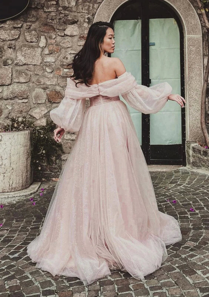 Sexy Tulle Off Shoulder Long Sleeve A-Line Side Slit Long Wedding Dresses,WDS0131