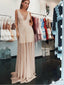 A-Line V-Neck Low Cut Blush Pink Tulle Prom Dresses with Pearls, TYP1301