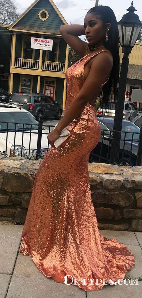 Shining Sequin Lace Spaghetti Straps Neckline Sheath Prom Dresses, TYP1916