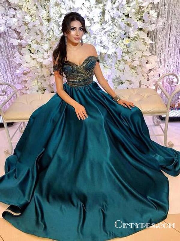 Sexy Off the Shoulder Beading Long Cheap Teal Prom Dresses, TYP1716